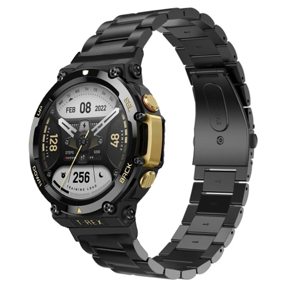 For Huami Amazfit T-Rex 2 Stainless Steel Watch Strap Folding Buckle Three Beads Wrist Band - Black - 4