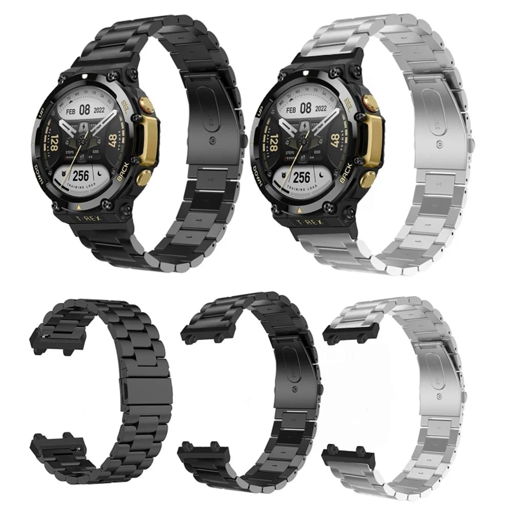 For Huami Amazfit T-Rex 2 Stainless Steel Watch Strap Folding Buckle Three Beads Wrist Band - Black - 6