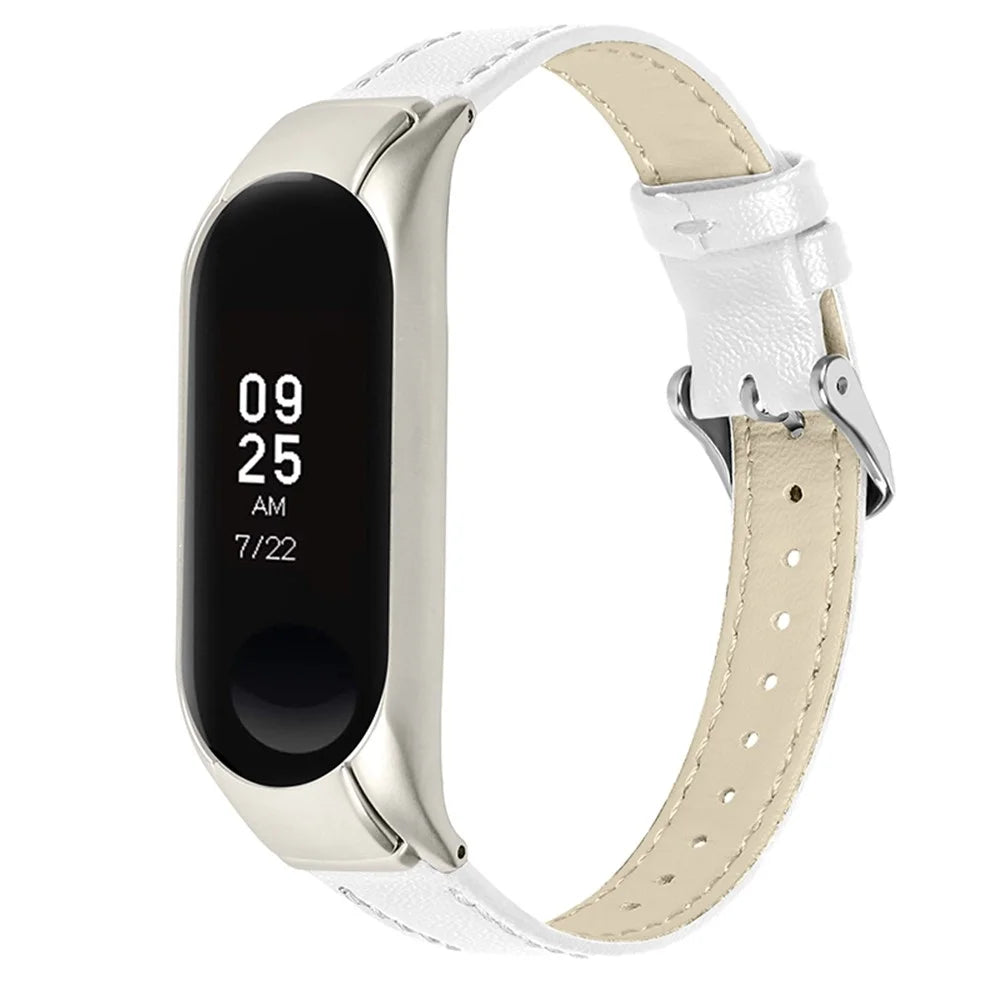 For Xiaomi Mi Band 7 Genuine Cowhide Leather Watch Band Adjustable Wrist Strap with Silver Watch Case - White - 1