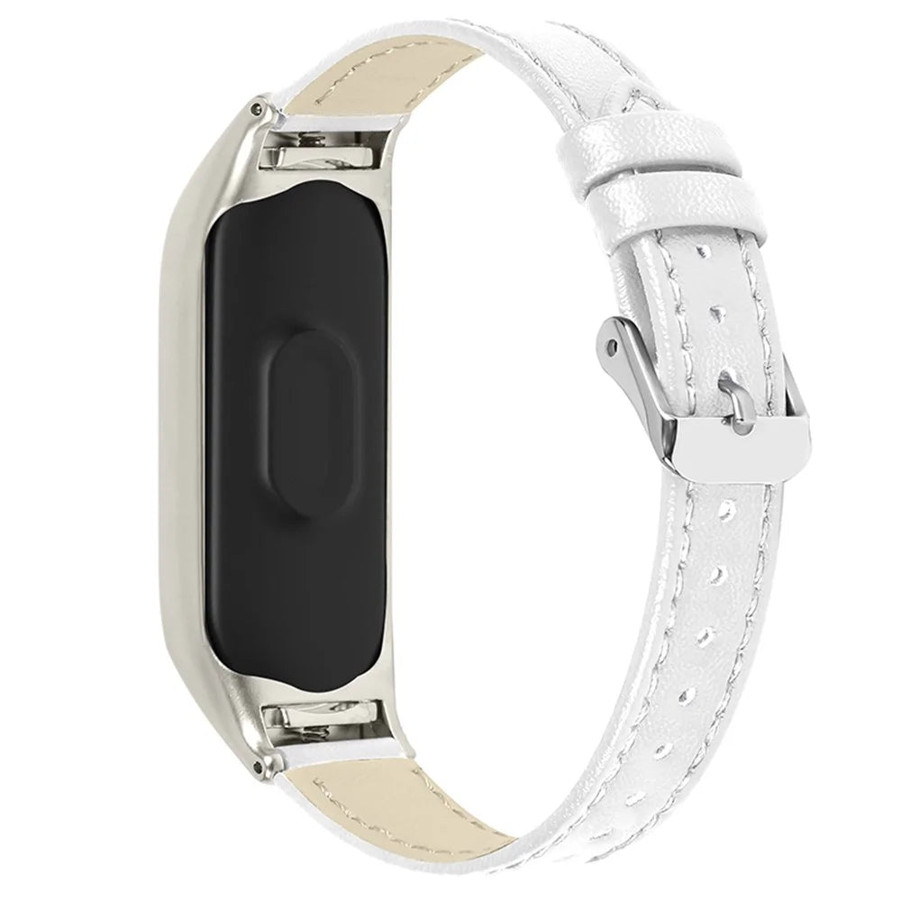 For Xiaomi Mi Band 7 Genuine Cowhide Leather Watch Band Adjustable Wrist Strap with Silver Watch Case - White - 2