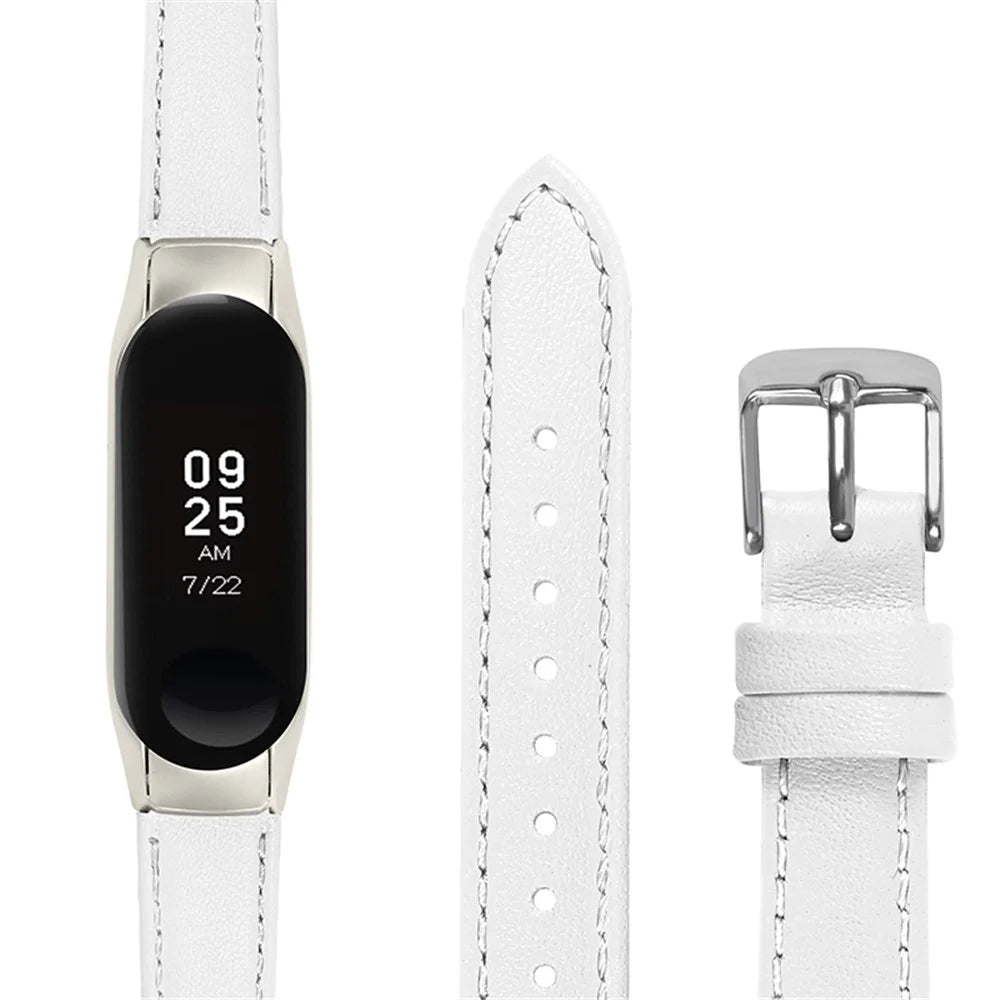 For Xiaomi Mi Band 7 Genuine Cowhide Leather Watch Band Adjustable Wrist Strap with Silver Watch Case - White - 3