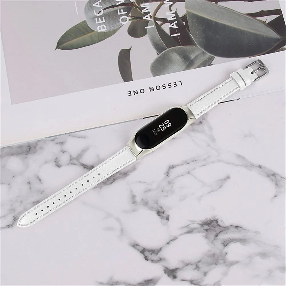 For Xiaomi Mi Band 7 Genuine Cowhide Leather Watch Band Adjustable Wrist Strap with Silver Watch Case - White - 5