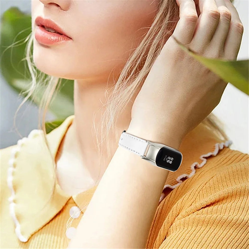 For Xiaomi Mi Band 7 Genuine Cowhide Leather Watch Band Adjustable Wrist Strap with Silver Watch Case - White - 7