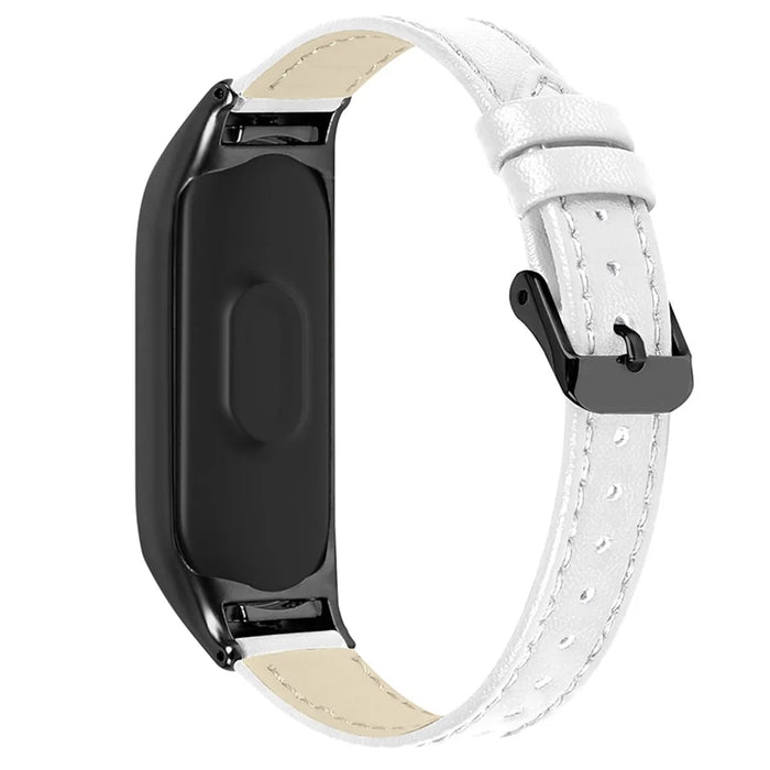 For Xiaomi Mi Band 7 Genuine Cowhide Leather Watch Strap Replacement Watchband with Black Watch Case - White - 2