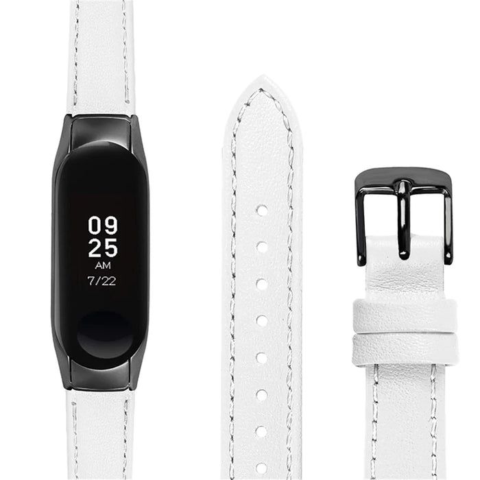 For Xiaomi Mi Band 7 Genuine Cowhide Leather Watch Strap Replacement Watchband with Black Watch Case - White - 3