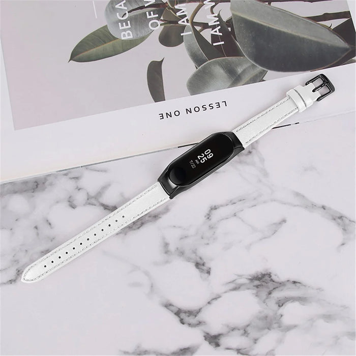 For Xiaomi Mi Band 7 Genuine Cowhide Leather Watch Strap Replacement Watchband with Black Watch Case - White - 4