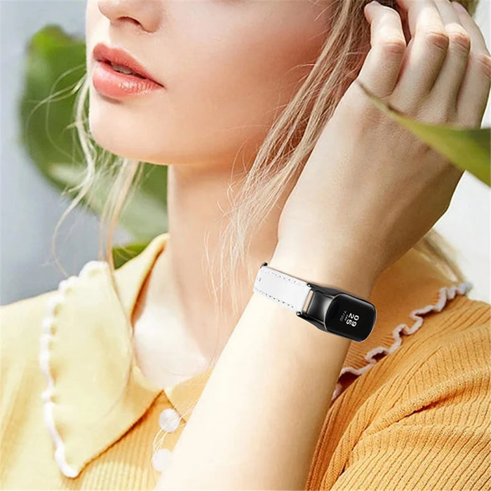 For Xiaomi Mi Band 7 Genuine Cowhide Leather Watch Strap Replacement Watchband with Black Watch Case - White - 7