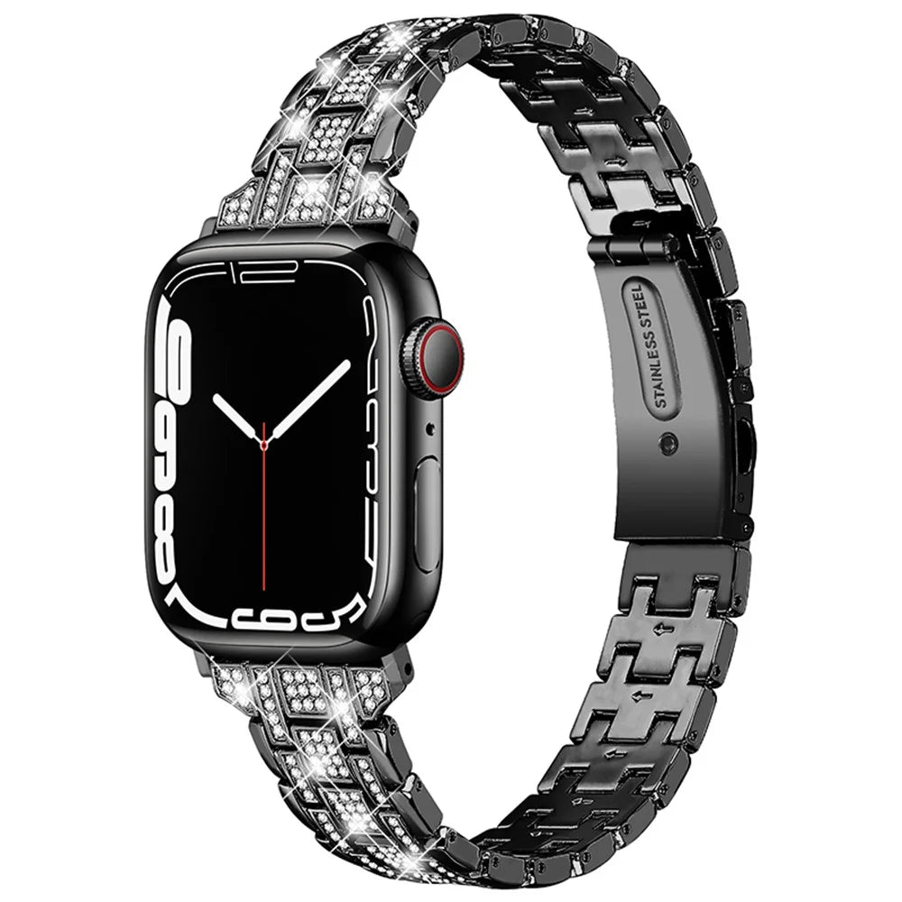 For Apple Watch Ultra 3 2 1 49mm / Series 11 10 46mm / 9 8 7 45mm / SE3 SE2 SE 6 5 4 44mm / 3 2 1 42mm Rhinestone + Stainless Steel 5 Rows Watch Band Fashionable Wrist Strap - Black - 1
