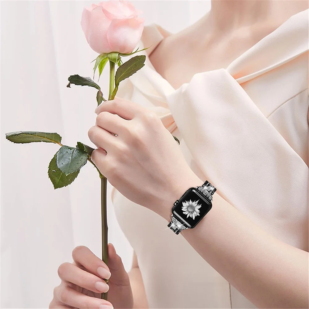 For Apple Watch Series 11 10 42mm / 9 8 7 41mm / SE3 SE2 SE 6 5 4 40mm / 3 2 1 38mm Rhinestone + Stainless Steel 5 Rows Watch Band Double Buckle Wrist Strap - Black - 5