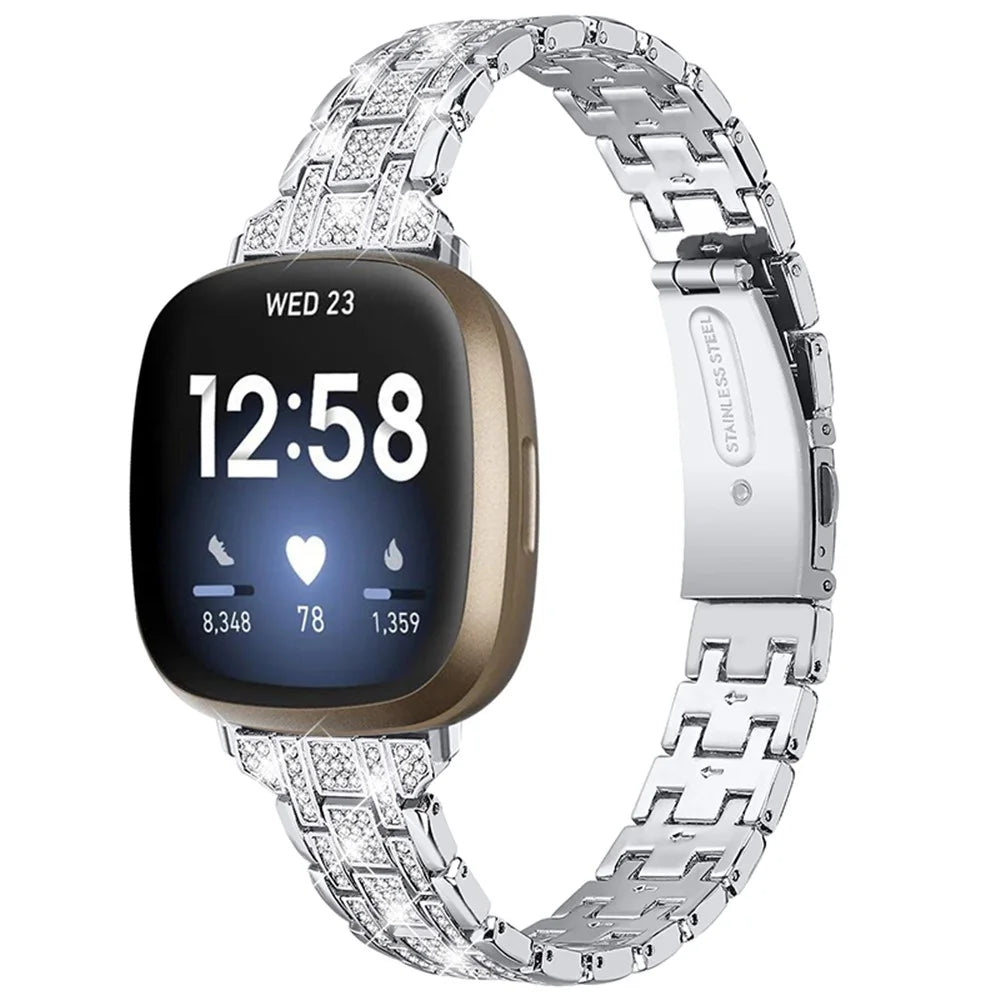 For Fitbit Versa 3 / Sense 5 Rows Rhinestone Stainless Steel Double Buckle Watch Band Wrist Strap - Silver - 1