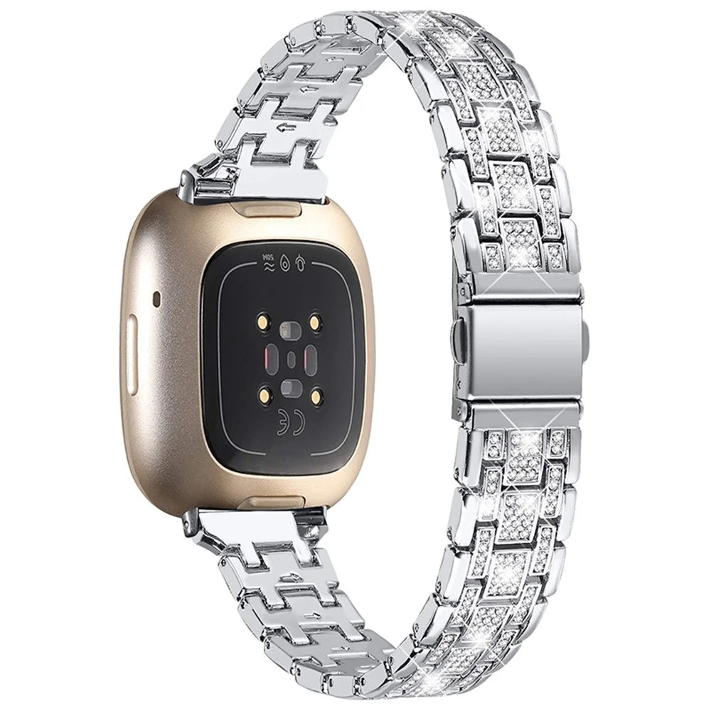 For Fitbit Versa 3 / Sense 5 Rows Rhinestone Stainless Steel Double Buckle Watch Band Wrist Strap - Silver - 2