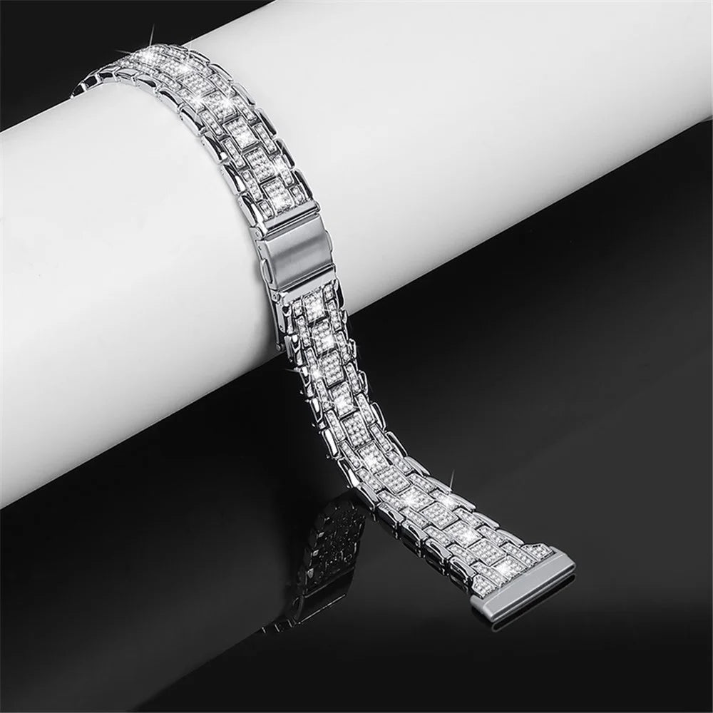 For Fitbit Versa 3 / Sense 5 Rows Rhinestone Stainless Steel Double Buckle Watch Band Wrist Strap - Silver - 3