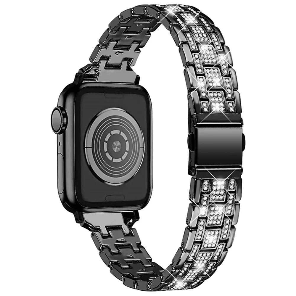 For Apple Watch SE 44mm / SE (2022) 44mm / Series 4 / 5 / 6 44mm 5 Rows Rhinestone Decor Stainless Steel Smart Watch Band with Anti-fall PC Watch Case - Black - 2