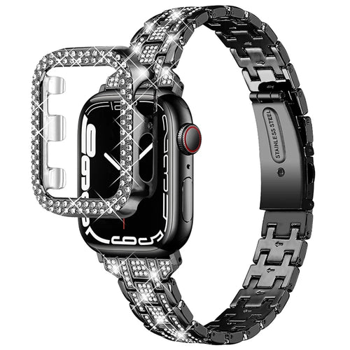 For Apple Watch Series 1 / 2 / 3 42mm 5 Rows Stainless Steel Fashion Rhinestone Decor Watch Band Replacement + PC Hollow-out Watch Case - Black - 1