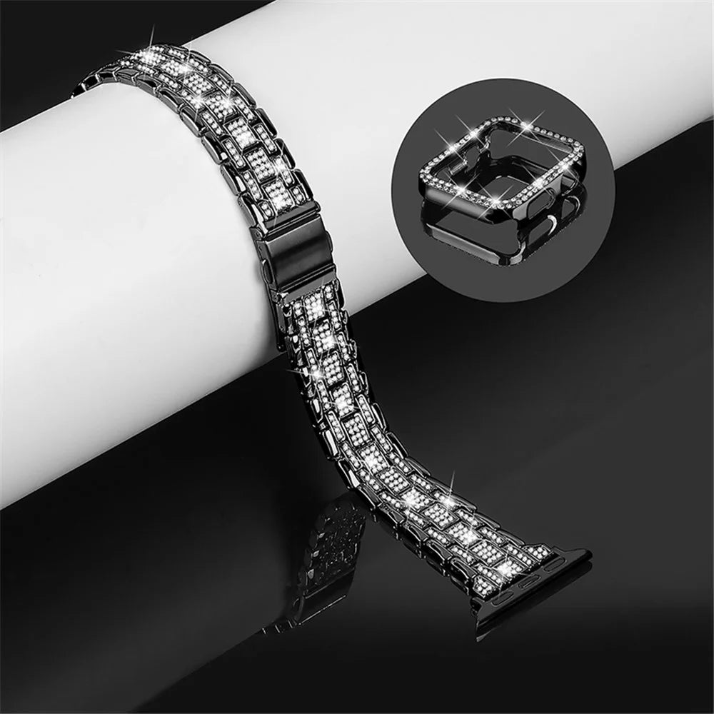 For Apple Watch Series 1 / 2 / 3 38mm 5 Rows Stainless Steel Rhinestone Decor Watch Band + Hard PC Hollow-Out Watch Case - Black - 3