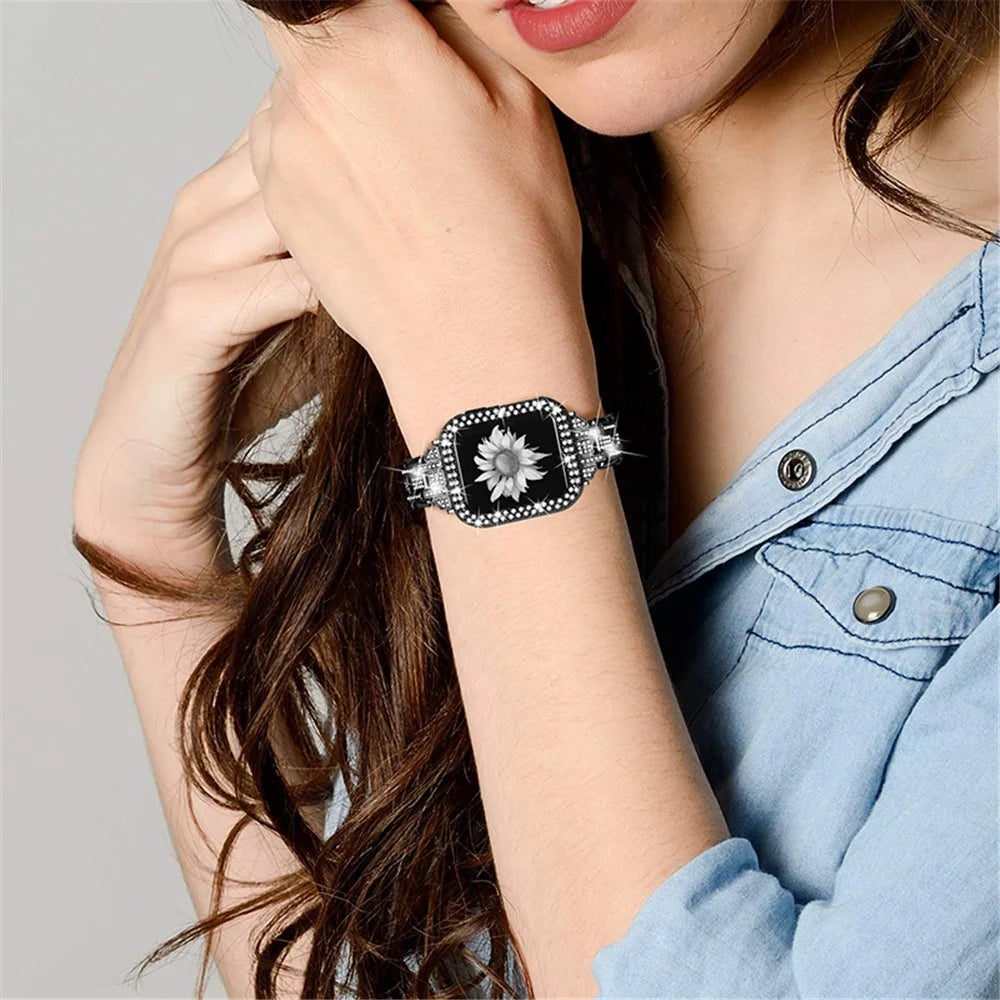For Apple Watch Series 1 / 2 / 3 38mm 5 Rows Stainless Steel Rhinestone Decor Watch Band + Hard PC Hollow-Out Watch Case - Black - 4