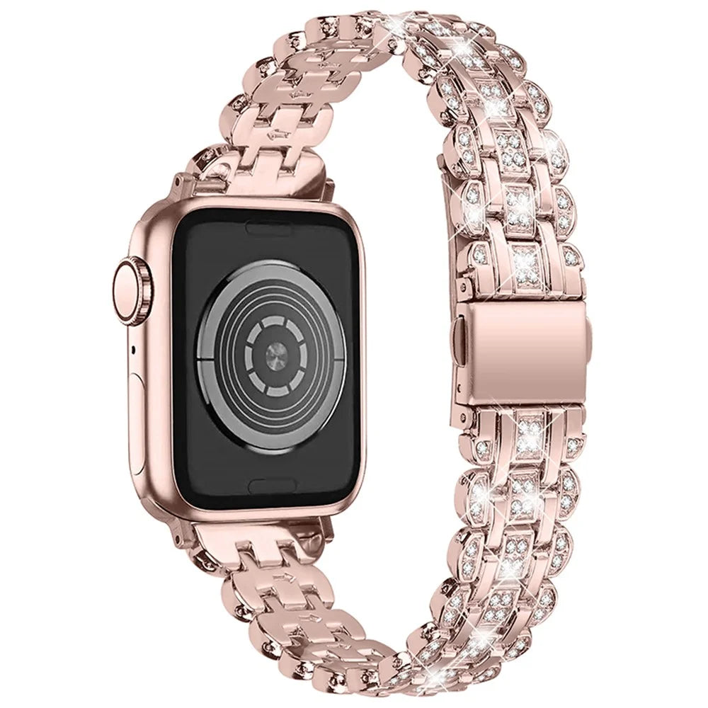 For Apple Watch Series 7 45mm Hard PC Anti-drop Watch Case + Rhinestone Decor Stainless Steel Wrist Strap Watch Band - Pink / Gold - 2