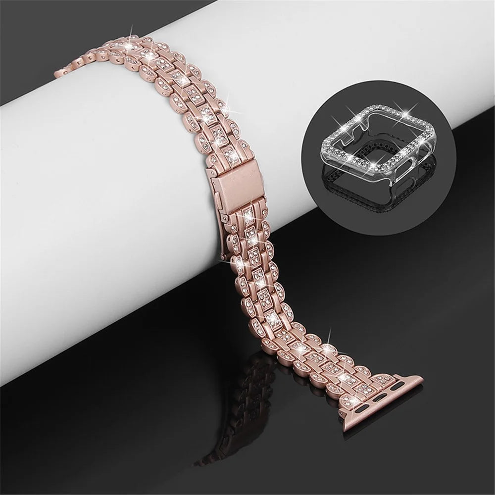 Watch Band for Apple Watch SE 44mm / SE (2022) 44mm  /  Series 4  /  5  /  6 44mm, Rhinestone Decor Stainless Steel Stylish Wrist Strap with Hard PC Watch Case - Pink  /  Gold - 3