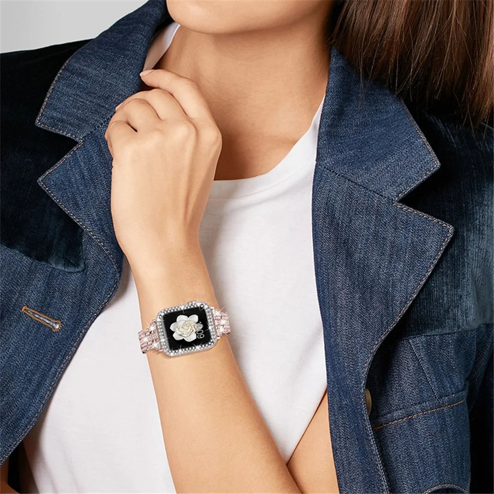 Watch Band for Apple Watch SE 44mm / SE (2022) 44mm  /  Series 4  /  5  /  6 44mm, Rhinestone Decor Stainless Steel Stylish Wrist Strap with Hard PC Watch Case - Pink  /  Gold - 5
