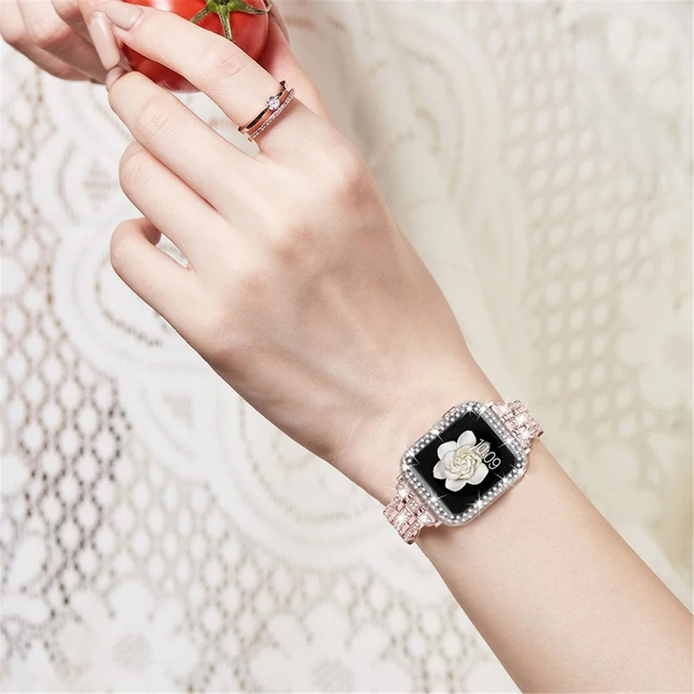 For Apple Watch SE / SE(2022) / Series 4 / 5 / 6 40mm Rhinestone Decor Watch Band Stainless Steel Wrist Strap with Hard PC Watch Case - Pink / Gold - 4