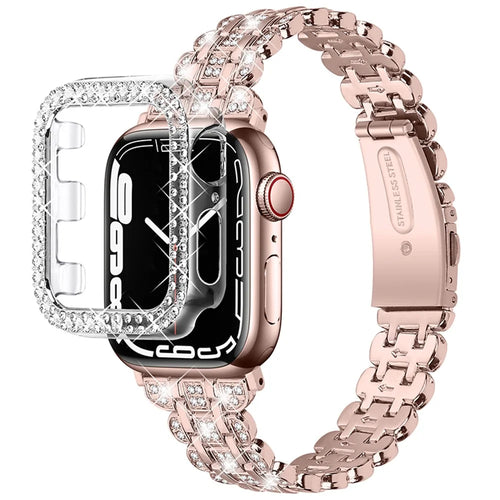 For Apple Watch Series 1 / 2 / 3 38mm Rhinestone Decor Stainless Steel Smart Watch Band with Hollow-Out PC Watch Case - Pink / Gold - 1