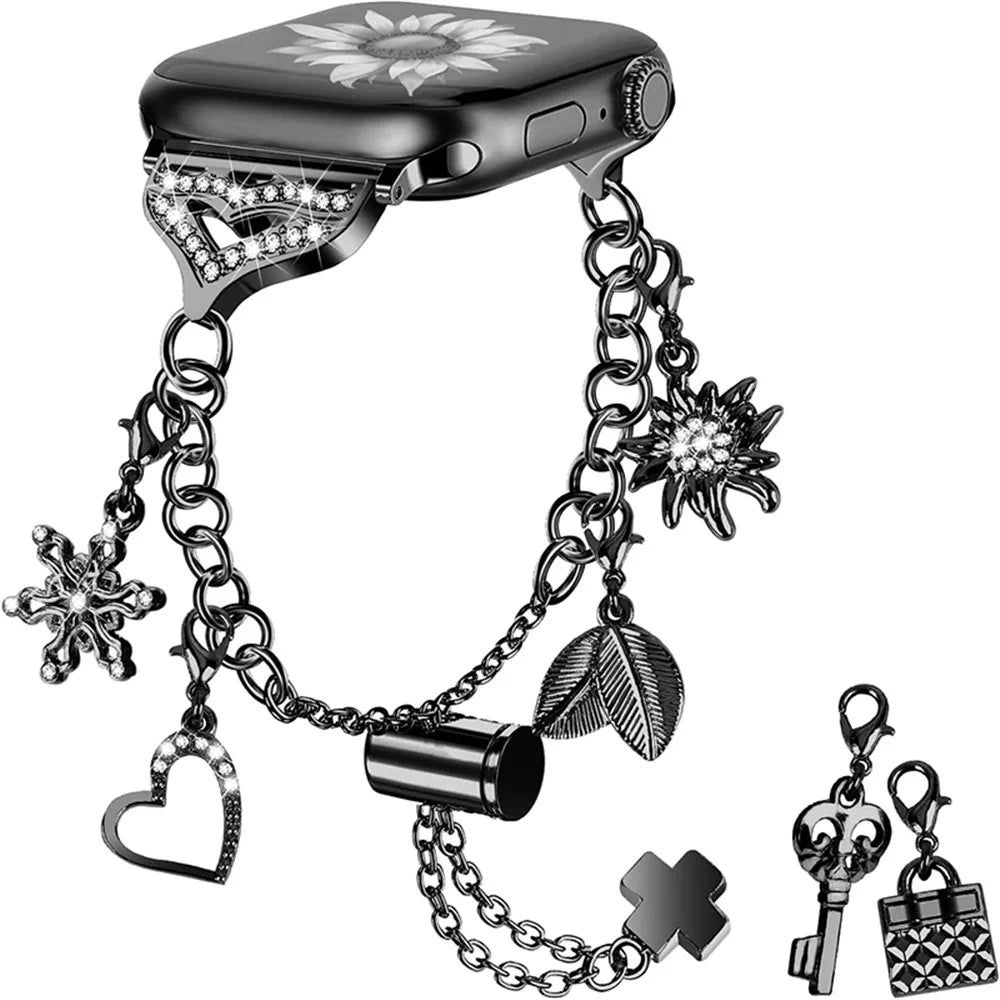 For Apple Watch Series 11 10 42mm / 9 8 7 41mm / SE3 SE2 SE 6 5 4 40mm / 3 2 1 38mm Stylish Pendant Design Bracelet Watch Band Wrist Strap - Black - 1