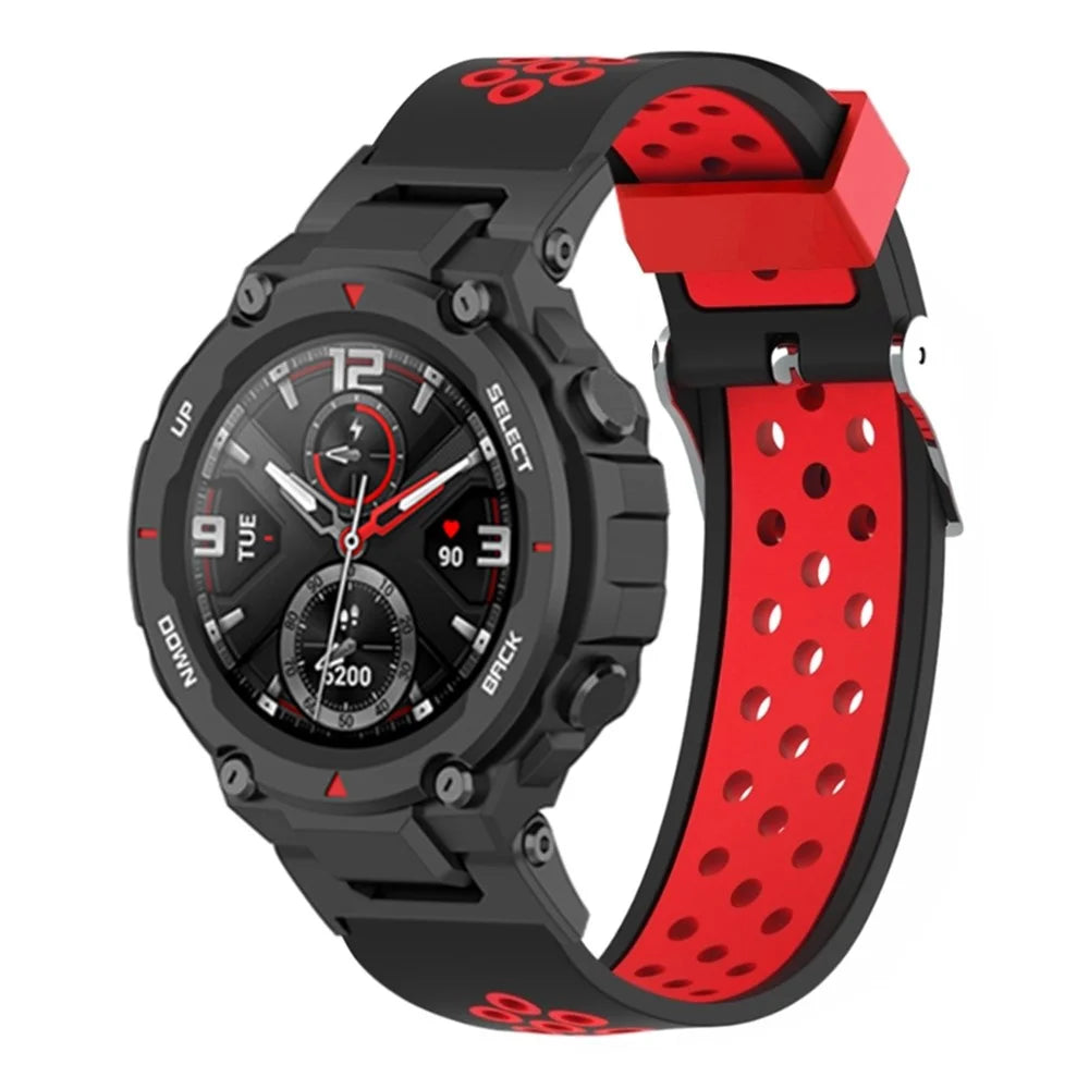 For Huami Amazfit T-Rex  /  T-Rex Pro  /  Ares, Dual-Color 22mm Watch Band Silicone Watch Strap Replacement Watchband with Multi-Hole Design - Black / Red - 2