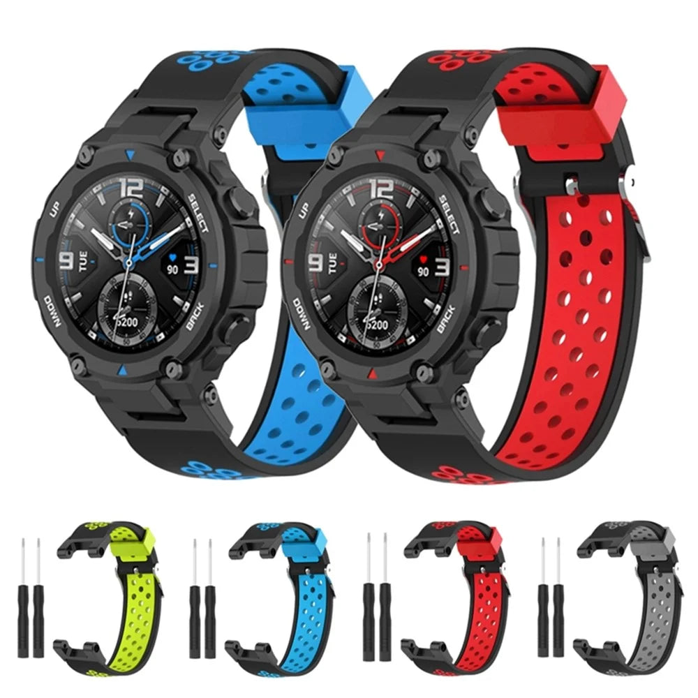 For Huami Amazfit T-Rex  /  T-Rex Pro  /  Ares, Dual-Color 22mm Watch Band Silicone Watch Strap Replacement Watchband with Multi-Hole Design - Black / Red - 5