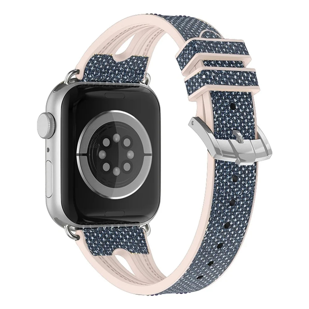 For Apple Watch Series 11 10 42mm / 9 8 7 41mm / SE3 SE2 SE 6 5 4 40mm / 3 2 1 38mm Replacement Watch Band Silicone + Glitter Leather Watch Strap Adjustable Wristband - Baby Blue - 1