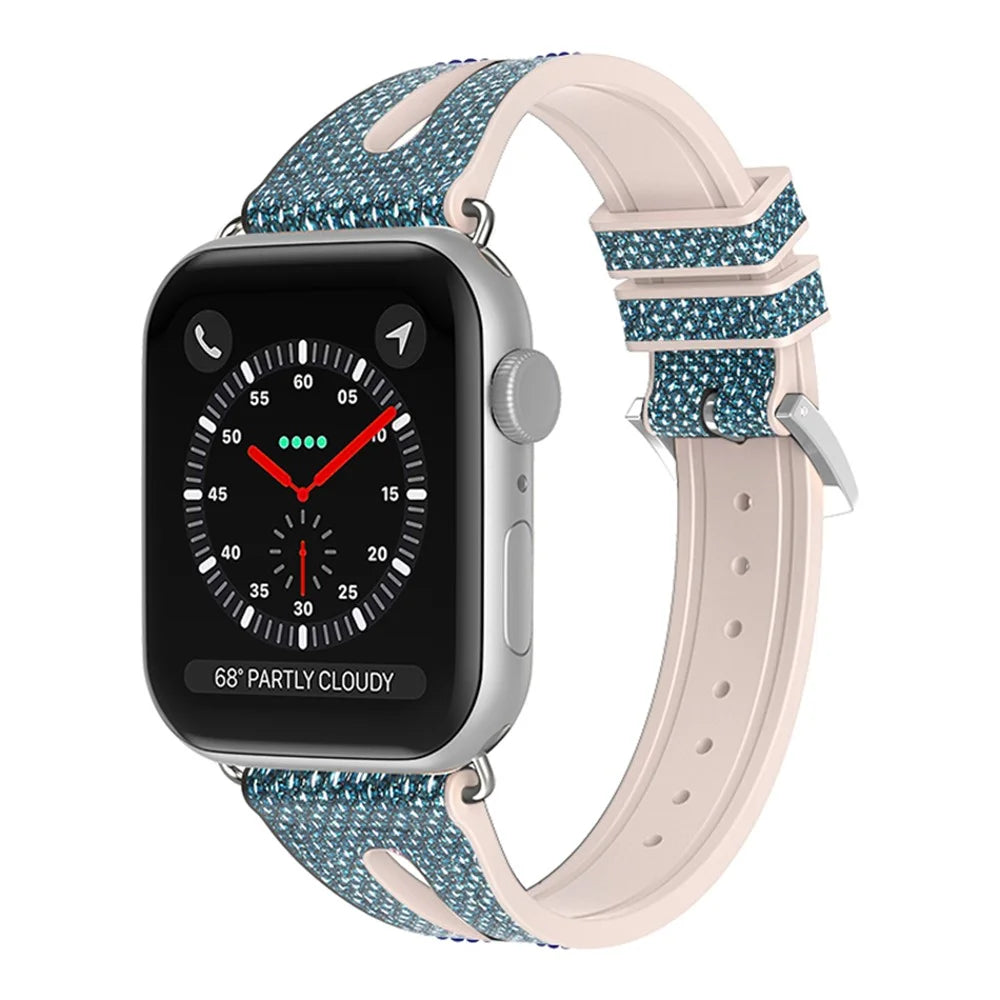 For Apple Watch Series 11 10 42mm / 9 8 7 41mm / SE3 SE2 SE 6 5 4 40mm / 3 2 1 38mm Replacement Watch Band Silicone + Glitter Leather Watch Strap Adjustable Wristband - Baby Blue - 2