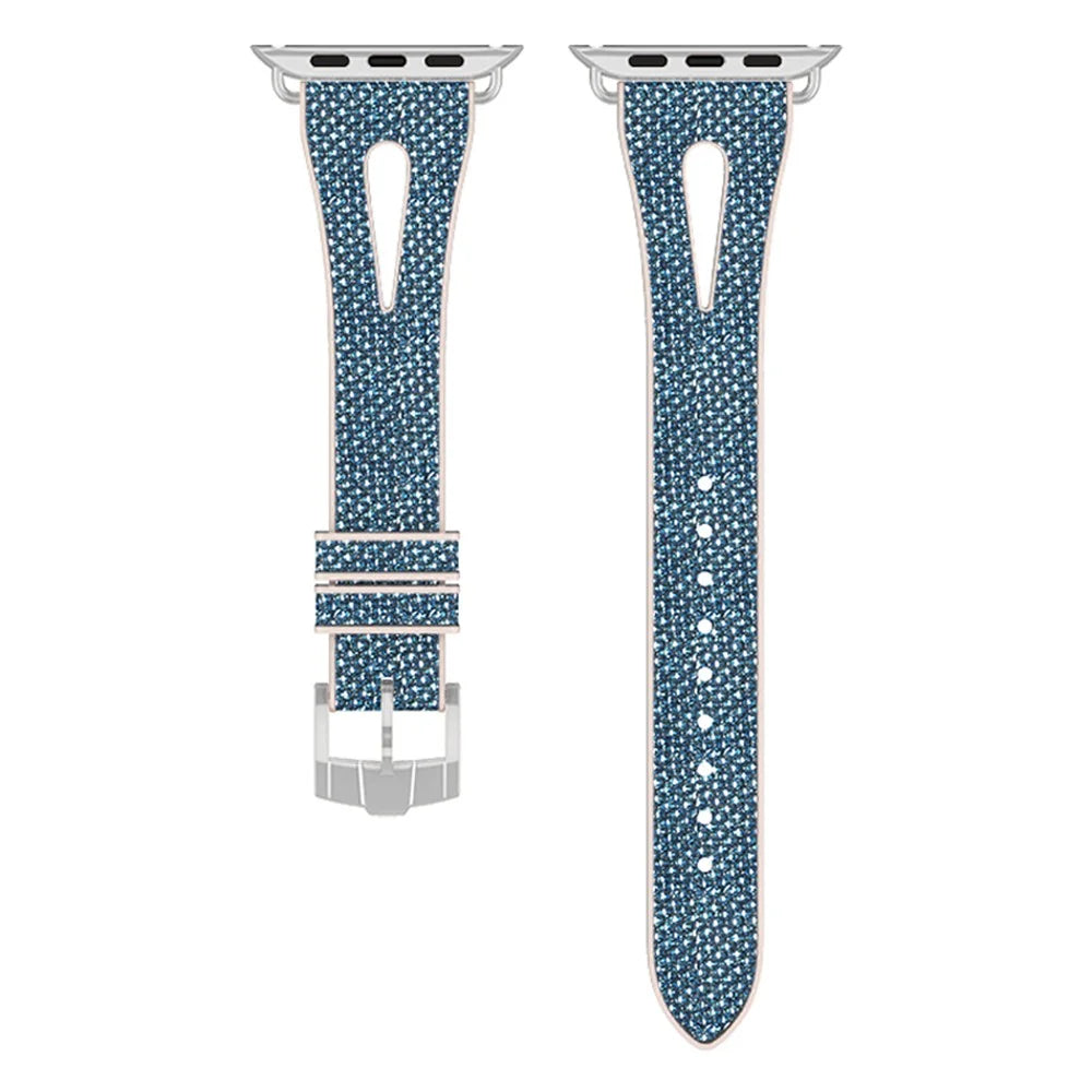 For Apple Watch Series 11 10 42mm / 9 8 7 41mm / SE3 SE2 SE 6 5 4 40mm / 3 2 1 38mm Replacement Watch Band Silicone + Glitter Leather Watch Strap Adjustable Wristband - Baby Blue - 3
