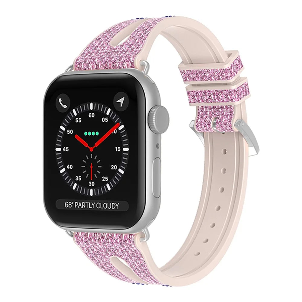 For Apple Watch Ultra 3 2 1 49mm / Series 11 10 46mm / 9 8 7 45mm / SE3 SE2 SE 6 5 4 44mm / 3 2 1 42mm Silicone + Glitter Leather Watch Strap Adjustable Wristband - Pink - 2