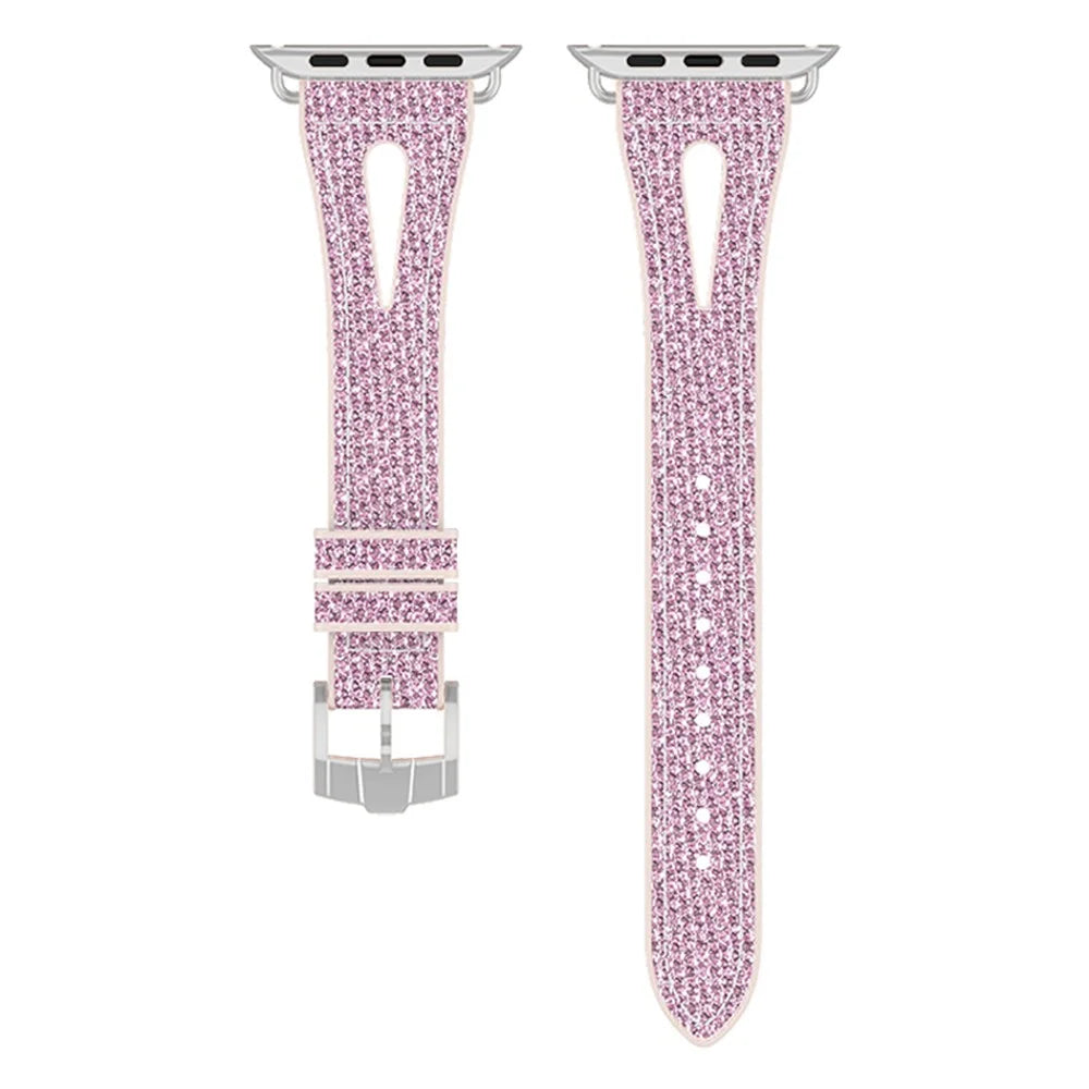 For Apple Watch Ultra 3 2 1 49mm / Series 11 10 46mm / 9 8 7 45mm / SE3 SE2 SE 6 5 4 44mm / 3 2 1 42mm Silicone + Glitter Leather Watch Strap Adjustable Wristband - Pink - 3