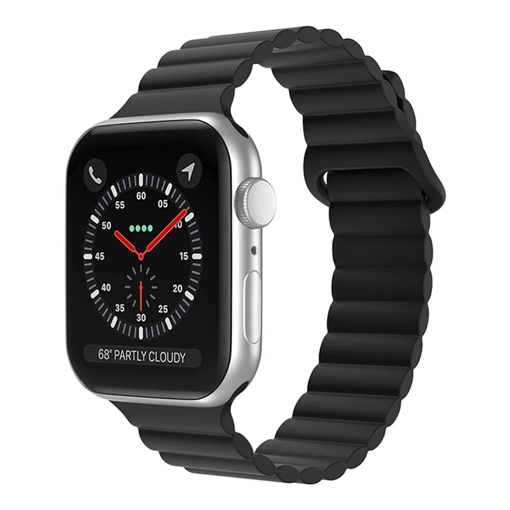 For Apple Watch Ultra 3 2 1 49mm / Series 11 10 46mm / 9 8 7 45mm / SE3 SE2 SE 6 5 4 44mm / 3 2 1 42mm Magnetic Adsorption Silicone Strap Wrist Band with Tail Buckle - Black - 2