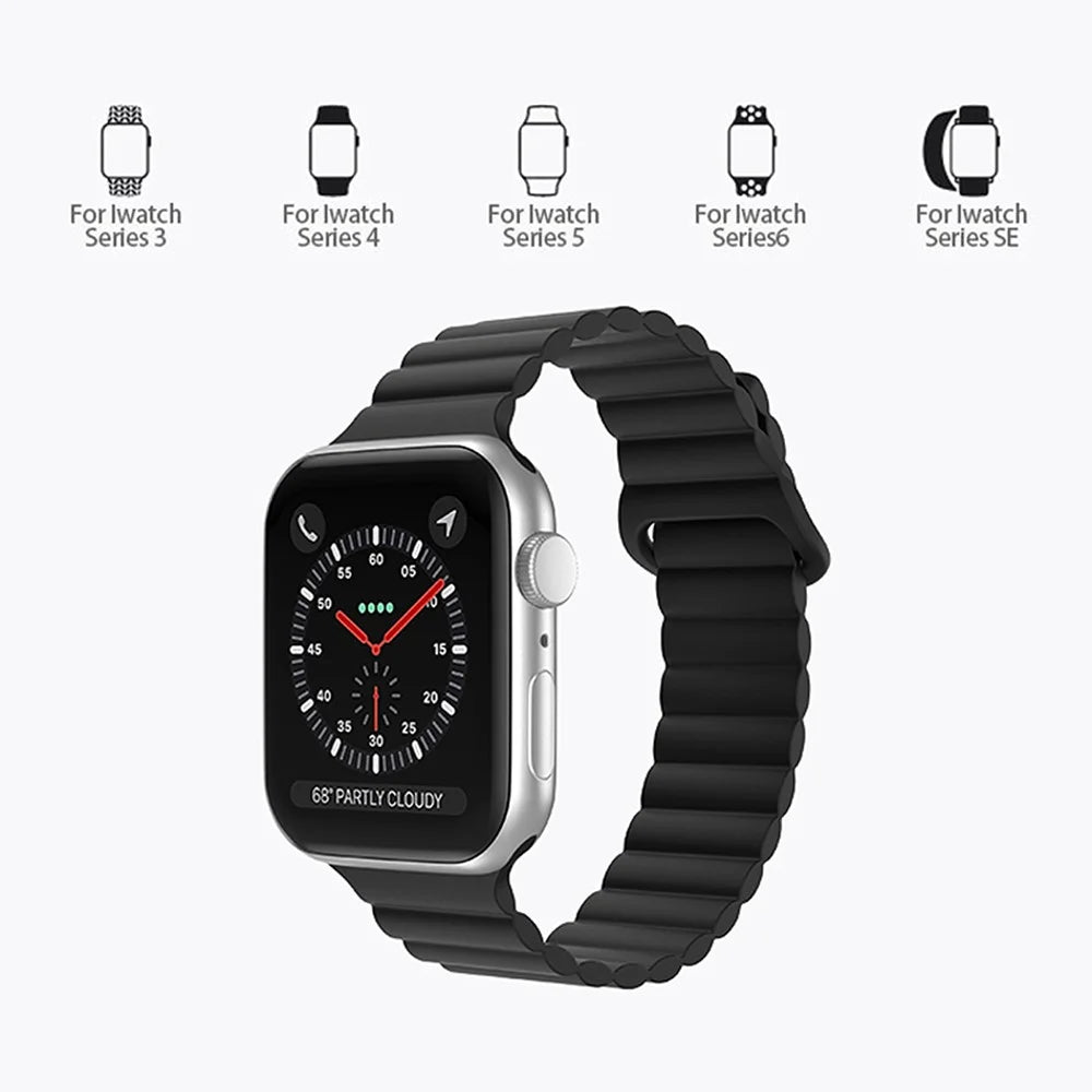 For Apple Watch Ultra 3 2 1 49mm / Series 11 10 46mm / 9 8 7 45mm / SE3 SE2 SE 6 5 4 44mm / 3 2 1 42mm Magnetic Adsorption Silicone Strap Wrist Band with Tail Buckle - Black - 4