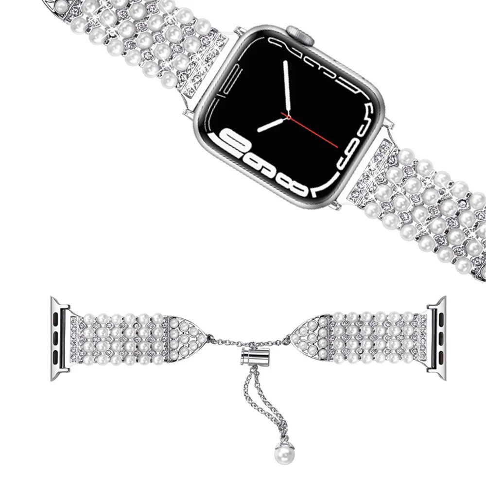 For Apple Watch Series 11 10 42mm / 9 8 7 41mm / SE3 SE2 SE 6 5 4 40mm / 3 2 1 38mm Easy Adjustment Watch Band Pearl Decor Replacement Wrist Strap - Silver - 1