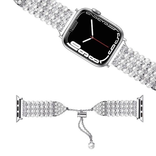 For Apple Watch Series 11 10 42mm / 9 8 7 41mm / SE3 SE2 SE 6 5 4 40mm / 3 2 1 38mm Easy Adjustment Watch Band Pearl Decor Replacement Wrist Strap - Silver - 1