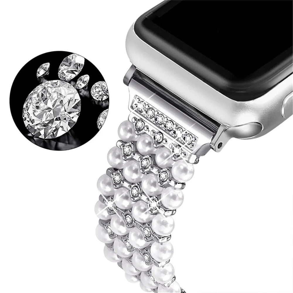 For Apple Watch Series 11 10 42mm / 9 8 7 41mm / SE3 SE2 SE 6 5 4 40mm / 3 2 1 38mm Easy Adjustment Watch Band Pearl Decor Replacement Wrist Strap - Silver - 2