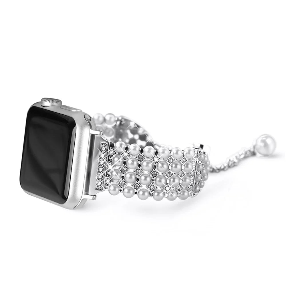 For Apple Watch Series 11 10 42mm / 9 8 7 41mm / SE3 SE2 SE 6 5 4 40mm / 3 2 1 38mm Easy Adjustment Watch Band Pearl Decor Replacement Wrist Strap - Silver - 3