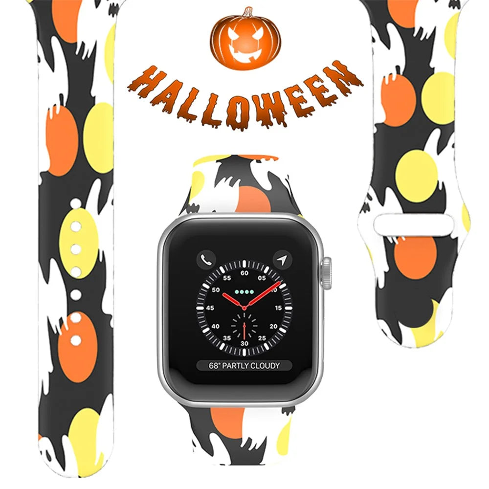 For Apple Watch Series 11 10 42mm / 9 8 7 41mm / SE3 SE2 SE 6 5 4 40mm / 3 2 1 38mm Halloween Pattern Silicone Watch Band Replacement Wrist Strap, Size: S / M - Yellow / Orange Ghosts - 2
