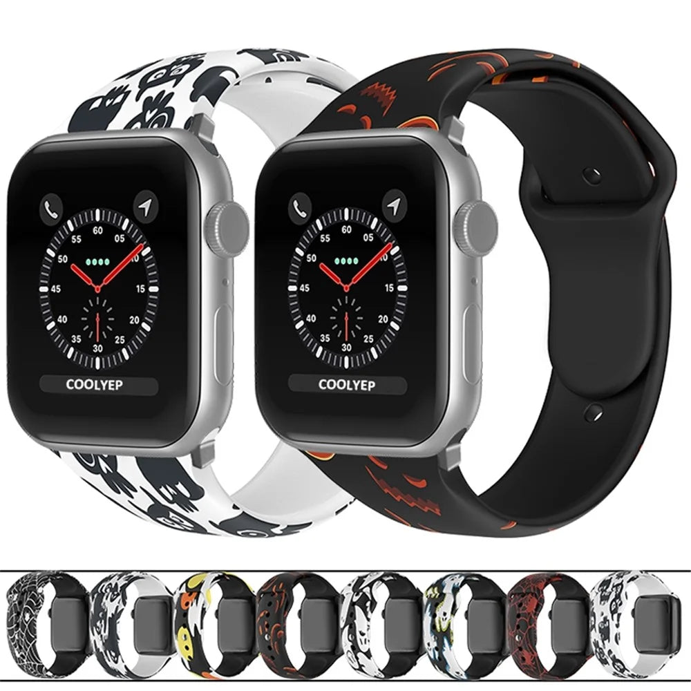 For Apple Watch Series 11 10 42mm / 9 8 7 41mm / SE3 SE2 SE 6 5 4 40mm / 3 2 1 38mm Halloween Pattern Silicone Watch Band Replacement Wrist Strap, Size: S / M - Yellow / Orange Ghosts - 4