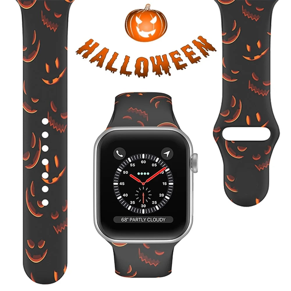 For Apple Watch Ultra 3 2 1 49mm / Series 11 10 46mm / 9 8 7 45mm / SE3 SE2 SE 6 5 4 44mm / 3 2 1 42mm Halloween Pattern Watch Band Silicone Wrist Strap, Size: S / M - Black Pumpkins - 2
