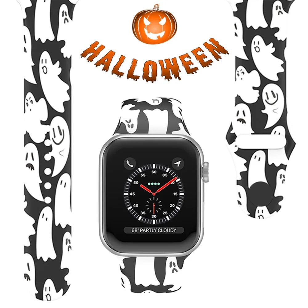 For Apple Watch Ultra 3 2 1 49mm / Series 11 10 46mm / 9 8 7 45mm / SE3 SE2 SE 6 5 4 44mm / 3 2 1 42mm Halloween Floral Watch Strap Silicone Watchband, Size: L - White Ghosts - 2