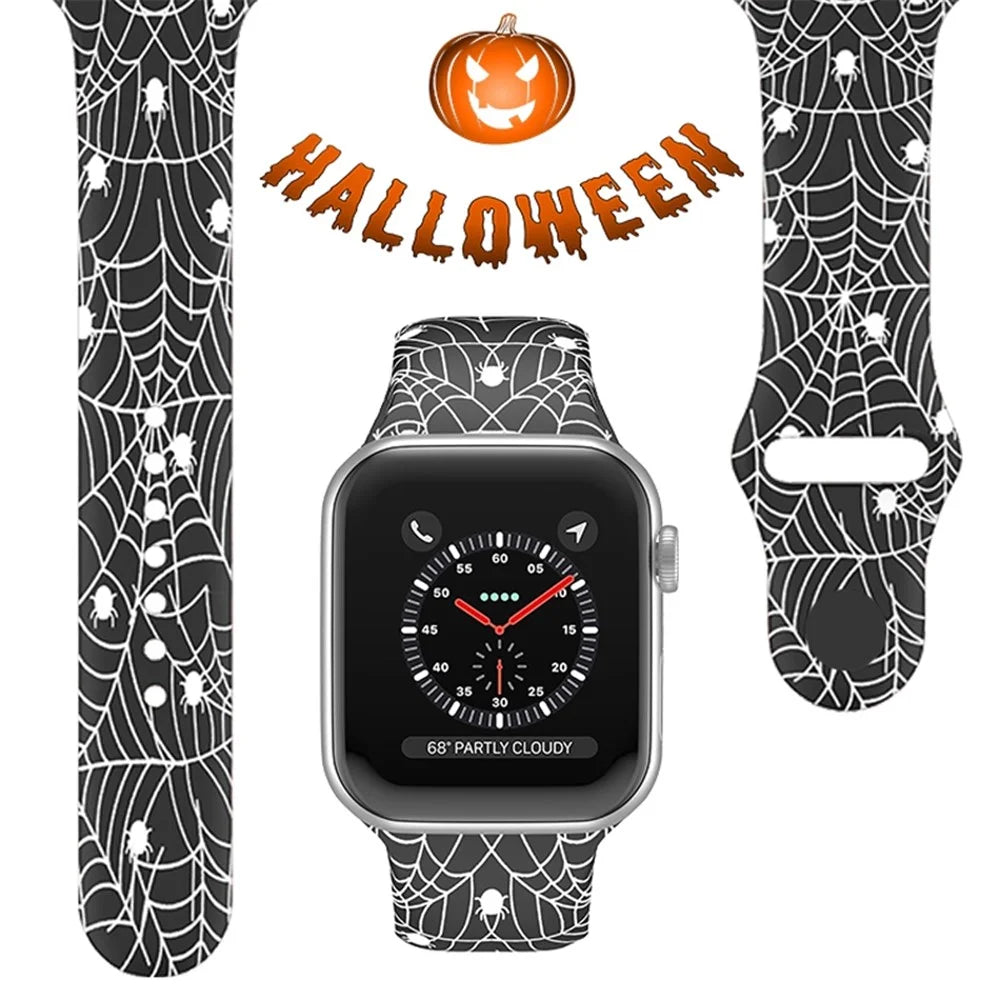 For Apple Watch Series 11 10 42mm / 9 8 7 41mm / SE3 SE2 SE 6 5 4 40mm / 3 2 1 38mm Halloween Floral Watch Band Silicone Replacement Sport Strap, Size: L - White Spiders - 2