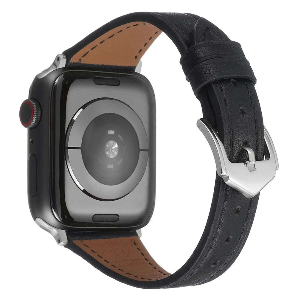 For Apple Watch Series 11 10 42mm / 9 8 7 41mm / SE3 SE2 SE 6 5 4 40mm / 3 2 1 38mm Genuine Leather Anti-Wear Replacement Smart Watch Strap Wrist Band - Black - 1