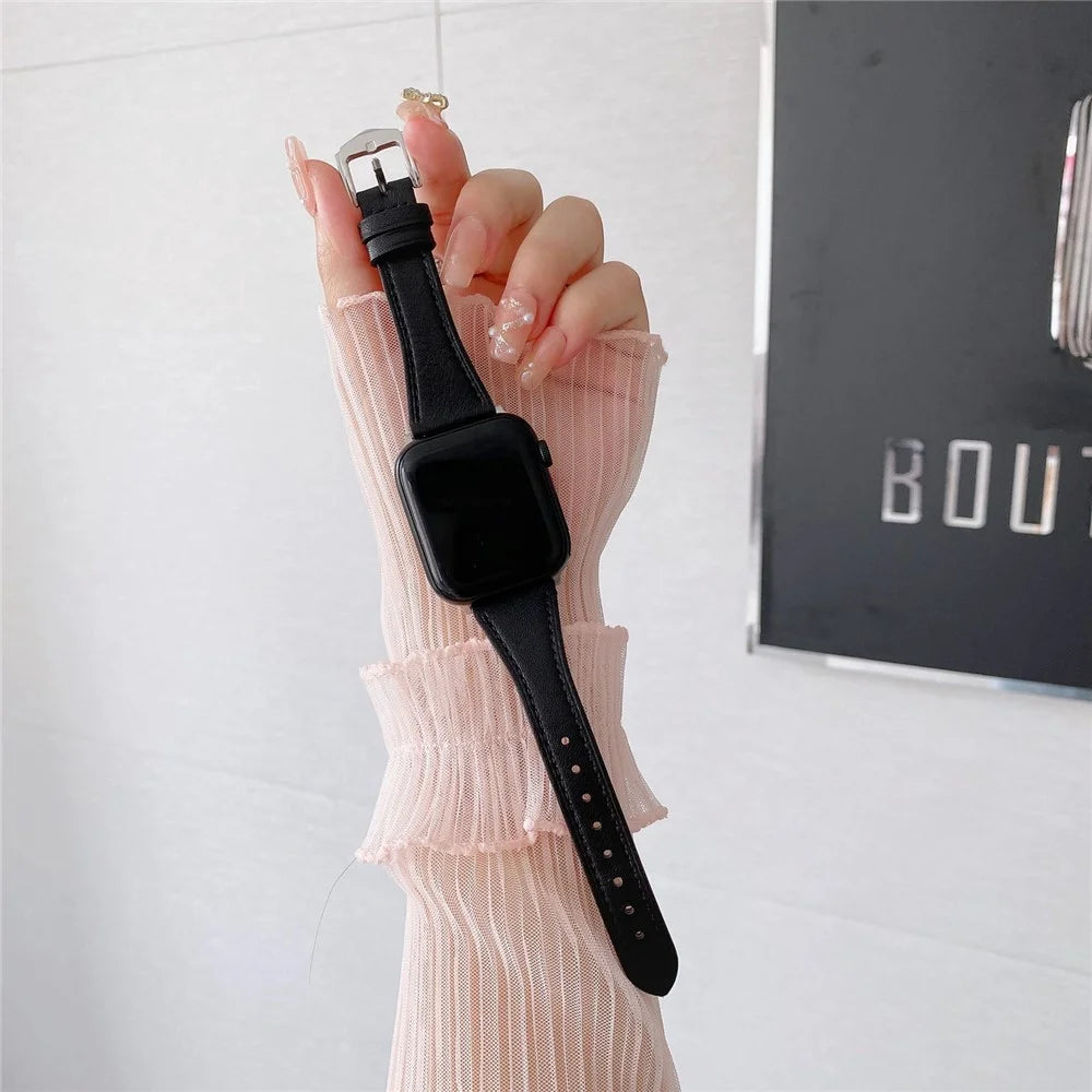 For Apple Watch Series 11 10 42mm / 9 8 7 41mm / SE3 SE2 SE 6 5 4 40mm / 3 2 1 38mm Genuine Leather Anti-Wear Replacement Smart Watch Strap Wrist Band - Black - 6