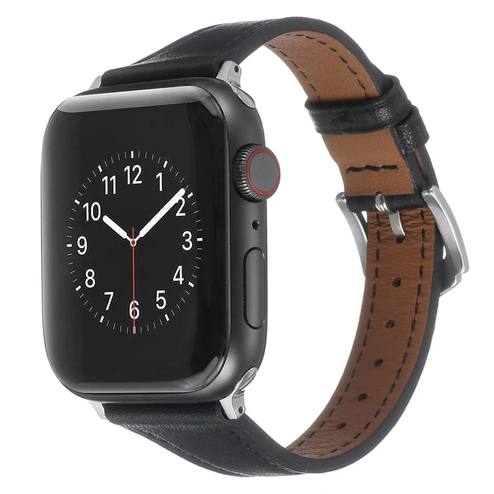 For Apple Watch Ultra 3 2 1 49mm / Series 11 10 46mm / 9 8 7 45mm / SE3 SE2 SE 6 5 4 44mm / 3 2 1 42mm Watch Strap Genuine Leather Replacement Wrist Band - Black - 2