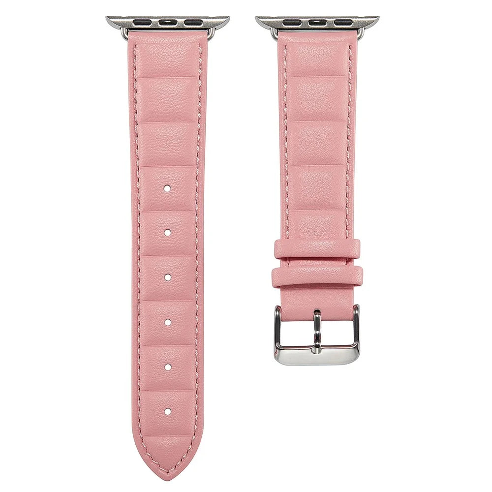 For Apple Watch Series 11 10 42mm / 9 8 7 41mm / SE3 SE2 SE 6 5 4 40mm / 3 2 1 38mm Square Imprinted Texture Genuine Leather Replacement Strap Wrist Band - Pink - 3