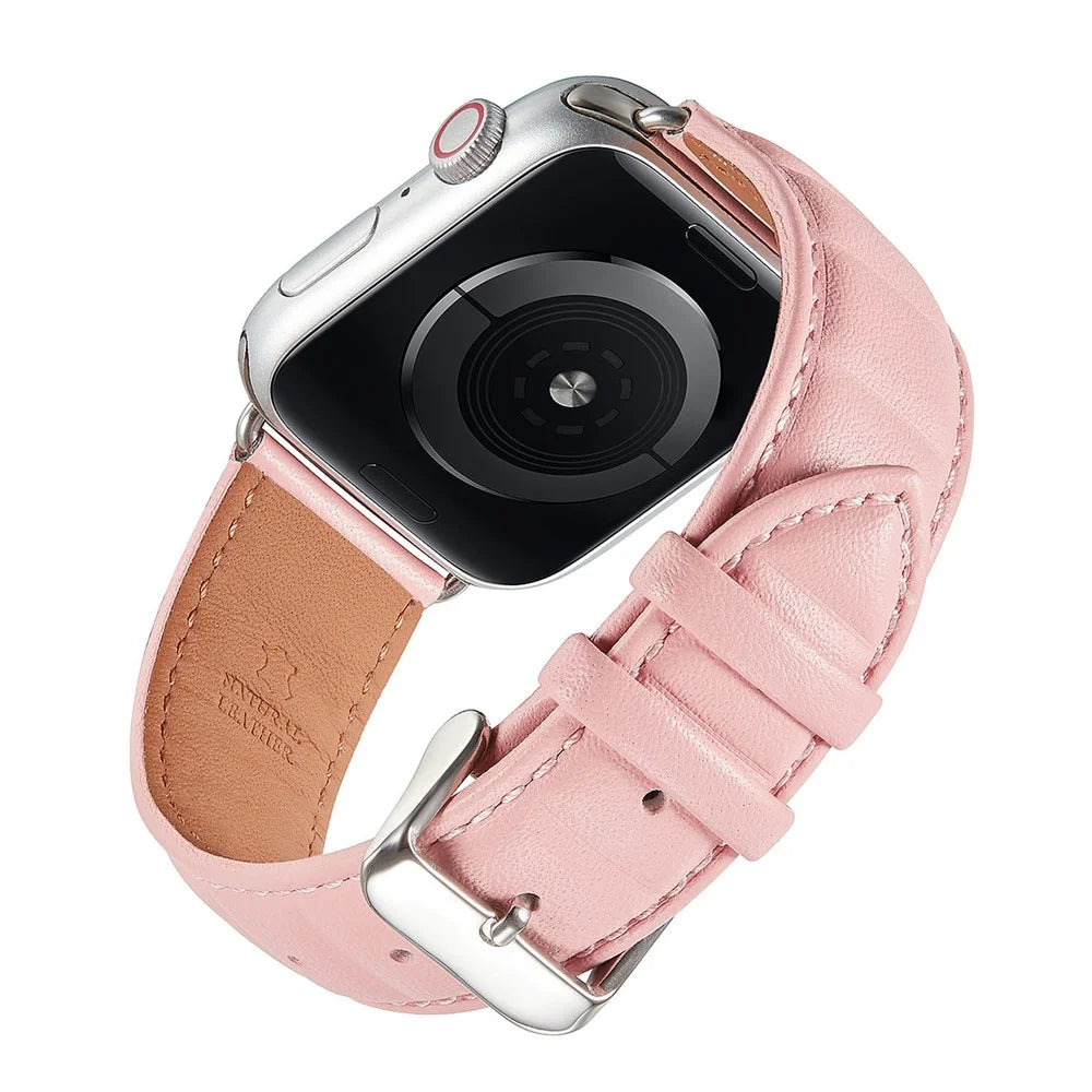 For Apple Watch Series 11 10 42mm / 9 8 7 41mm / SE3 SE2 SE 6 5 4 40mm / 3 2 1 38mm Square Imprinted Texture Genuine Leather Replacement Strap Wrist Band - Pink - 5