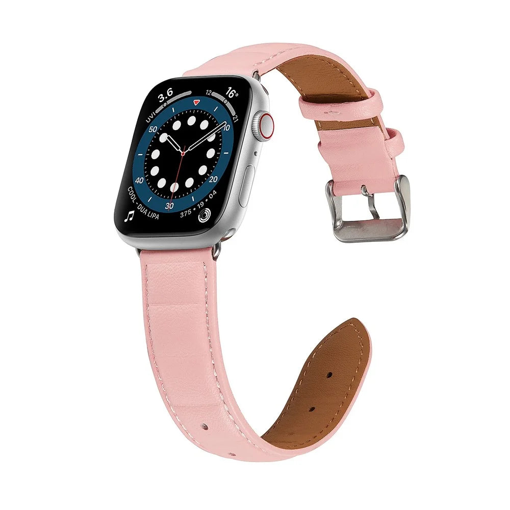For Apple Watch Series 11 10 42mm / 9 8 7 41mm / SE3 SE2 SE 6 5 4 40mm / 3 2 1 38mm Square Imprinted Texture Genuine Leather Replacement Strap Wrist Band - Pink - 6